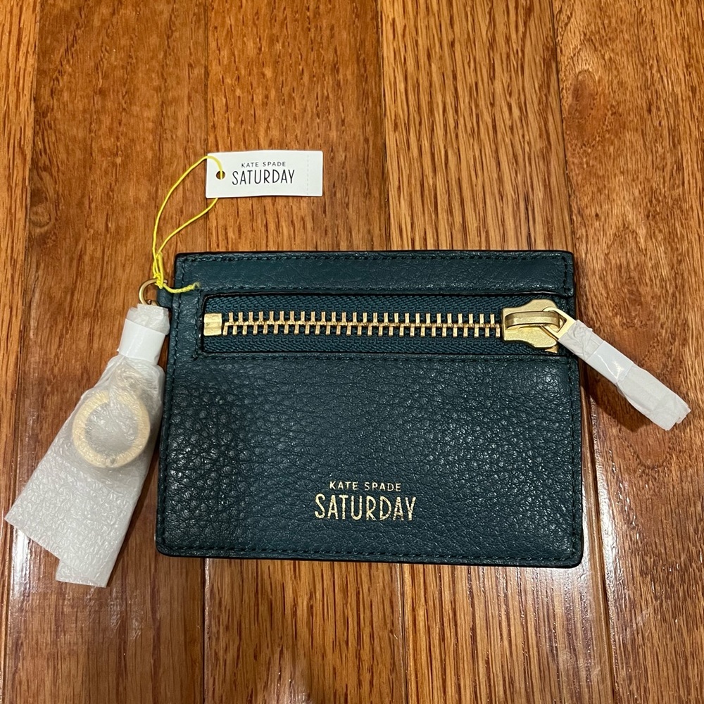 NWT Kate Spade Saturday Teal Green Leather Zipline Card & Coin Purse Key Chain